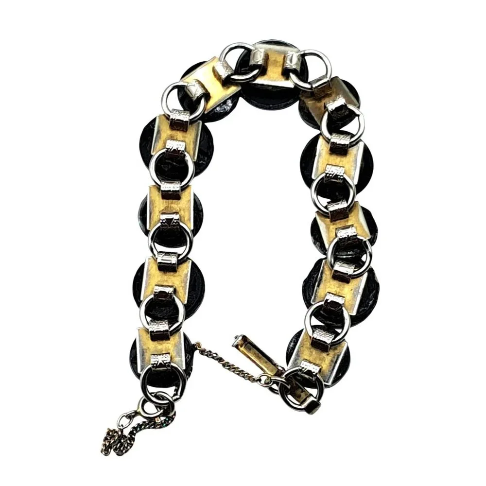Antique Glass Button Bracelet With Black & Gold Tone Accents On Silver Tone Chai